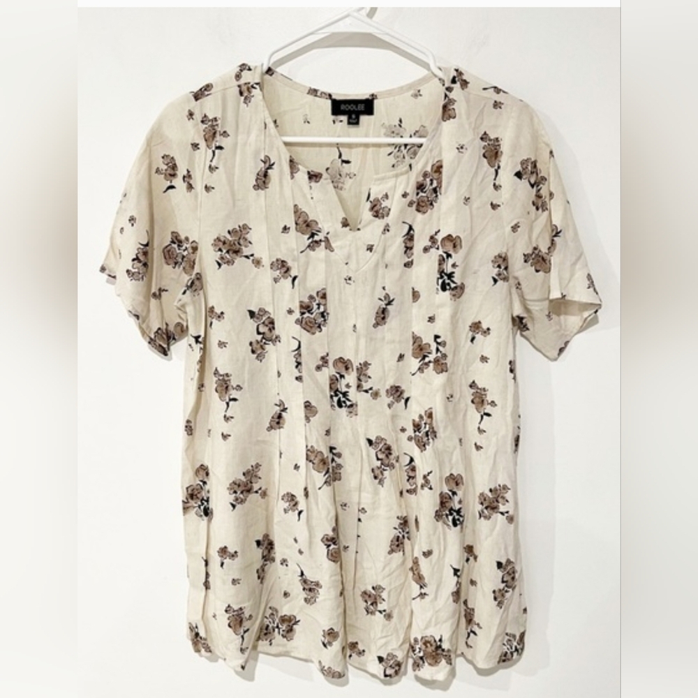 Roolee Nara Blossom Floral Print Pleated Babydoll Cotton/Linen Blend Blouse